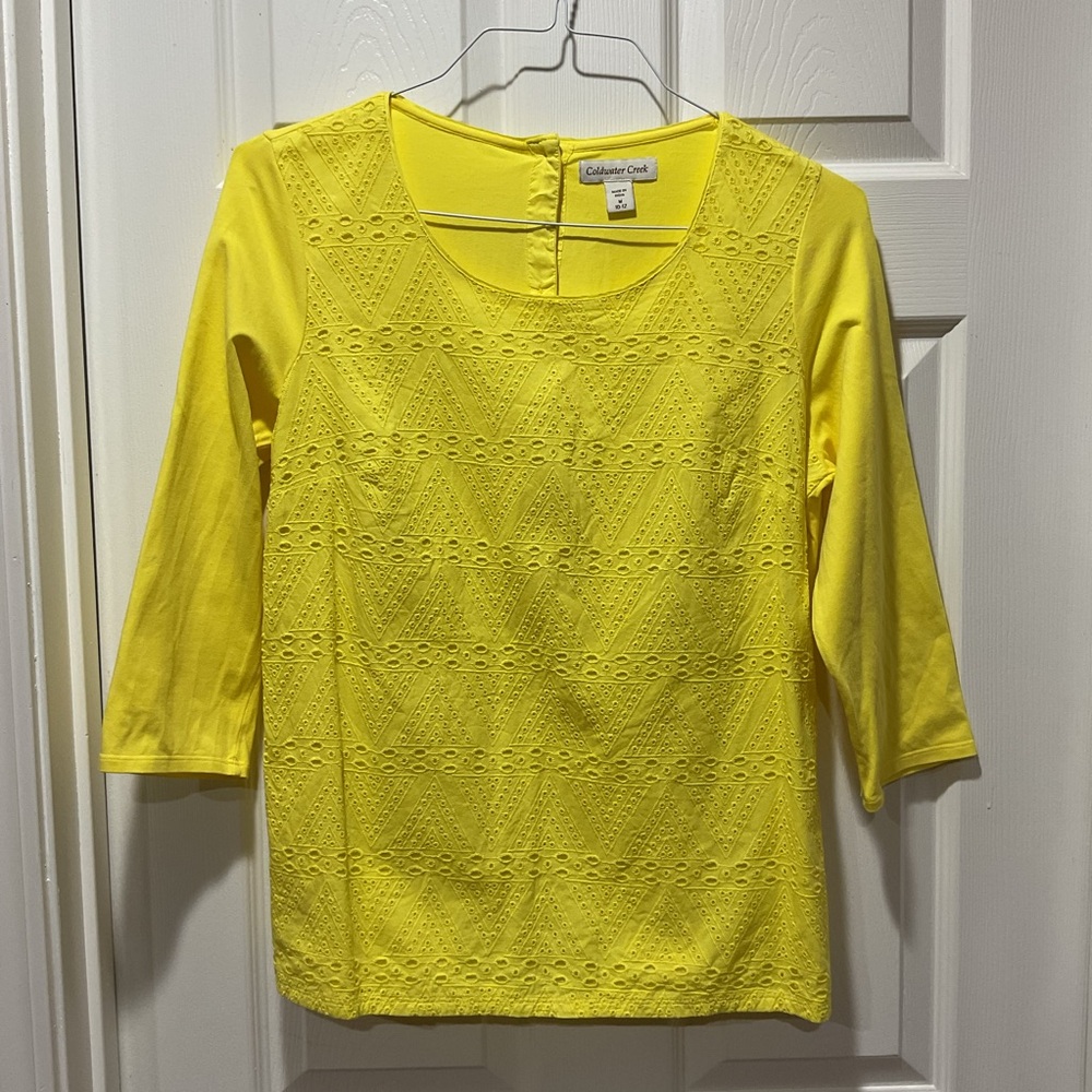 Coldwater Creek Yellow Eyelet Women's Top button down back shirt